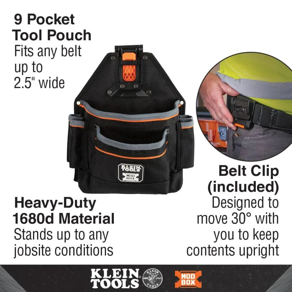 Klein Tools 55835MB MODbox Tool Pouch, 9-Pocket Electrician Parts Pouch, Quickly Attach and Release from Tool Belts and MODBox Rail System