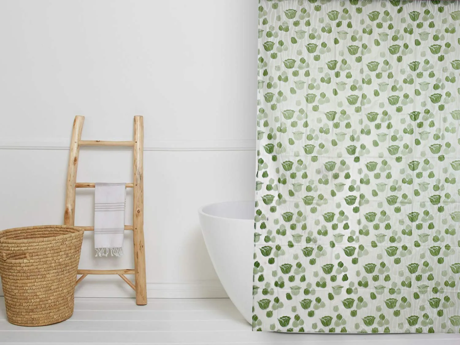 Kuber Industries Floral Design PVC Shower Curtain with Hooks - 54"x84", Green