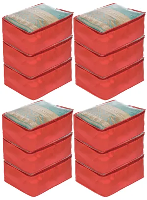 Kuber Industries Transparent Underbed Storage Cover/Lehenga Cover/Saree Cover/Gown Cover/Salwar Suit Cover For Women-Pack of 12 (Red)