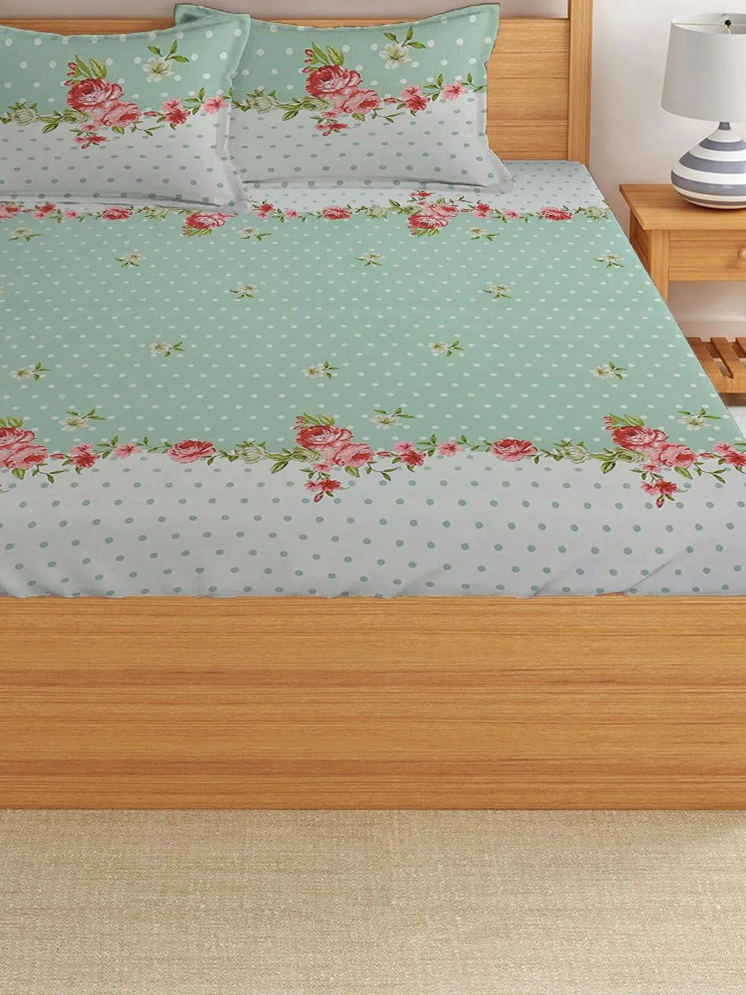 LOOMLYFE Cotton Feel Glace Cotton Elastic Fitted Printed Queen Size Double Bed Bedsheet with 2 Pillow Covers Fits Upto 8 inches Mattress,Size- 60x78x10 Inches,Green Center Flower