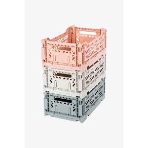 Luna Crates 3-Pack Foldable Storage Bins, Plastic Crate for Storage, Collapsible Crate, Utility Stackable Box Small Milk Tea, Light Gray and Gray