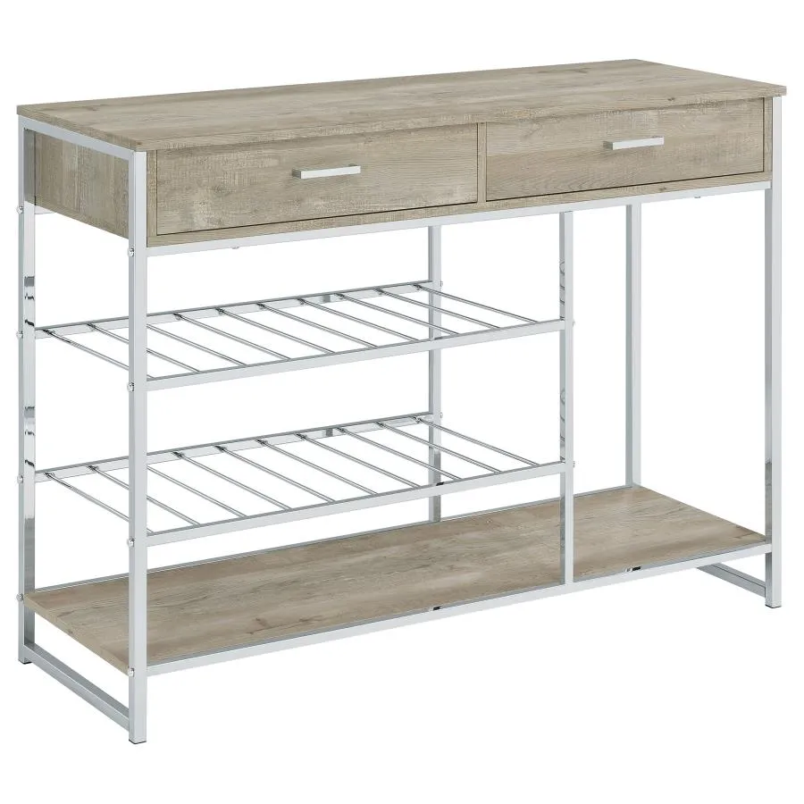 Melrose 2-shelf Wine Cabinet with 2 Drawers Gray Washed Oak and Chrome