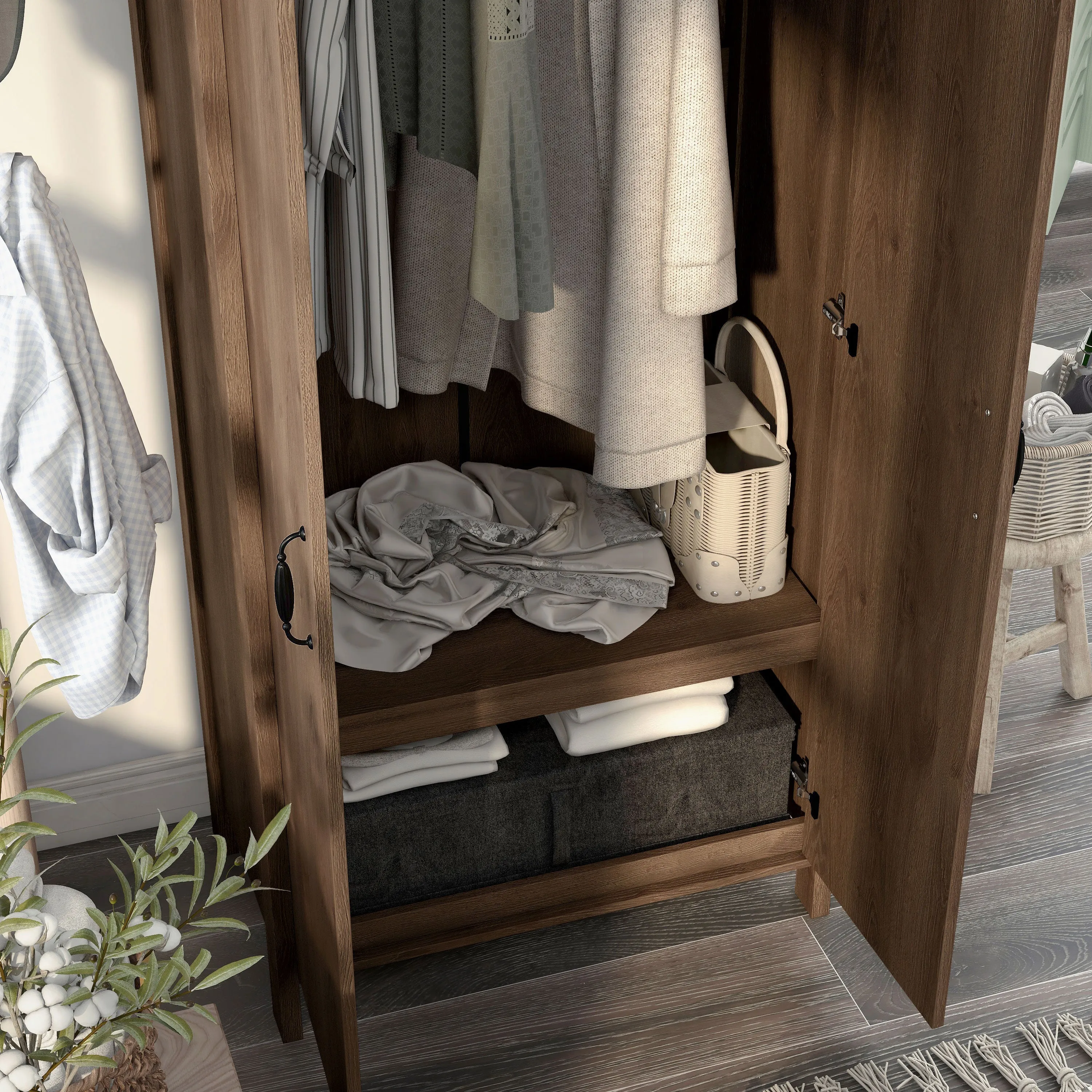 Mennala Rustic Distressed Walnut 2-door Wardrobe Closet with Shelves