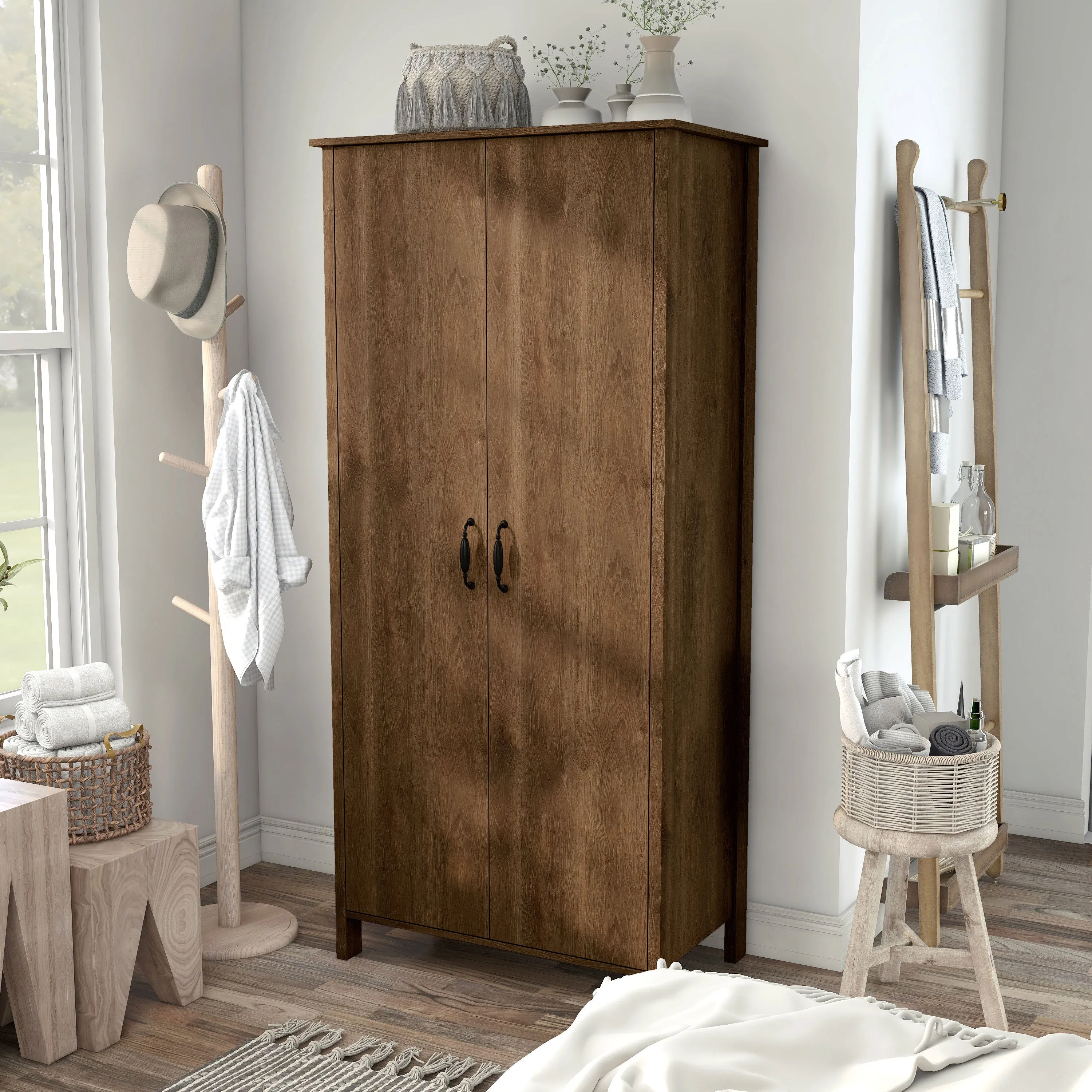 Mennala Rustic Distressed Walnut 2-door Wardrobe Closet with Shelves