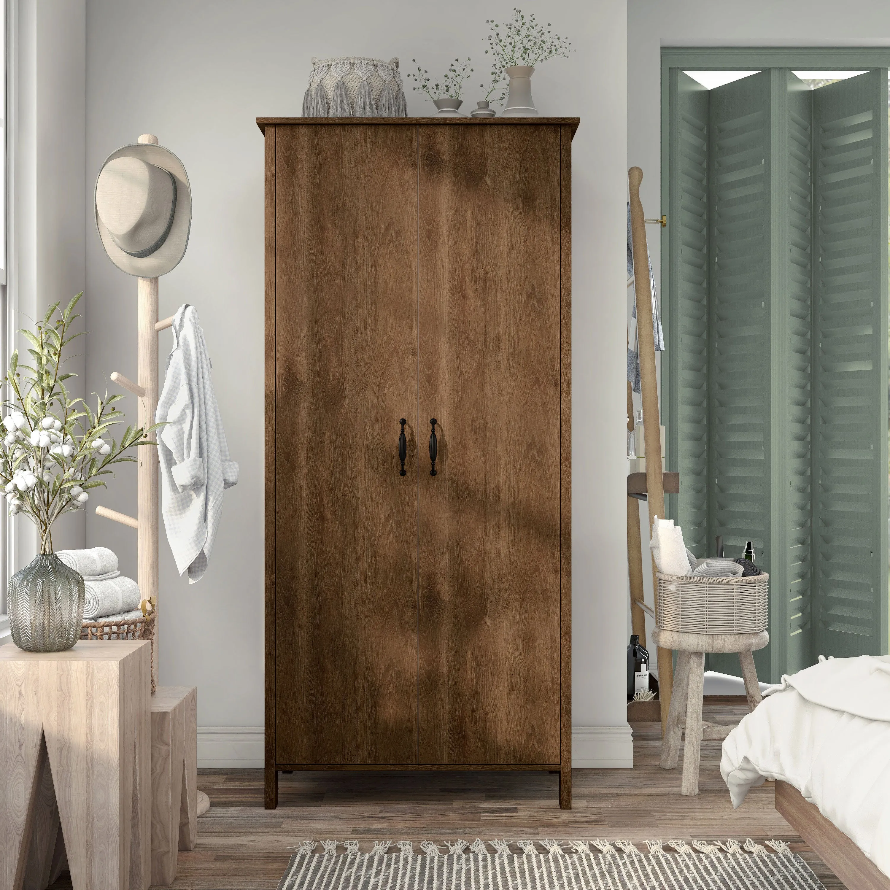 Mennala Rustic Distressed Walnut 2-door Wardrobe Closet with Shelves