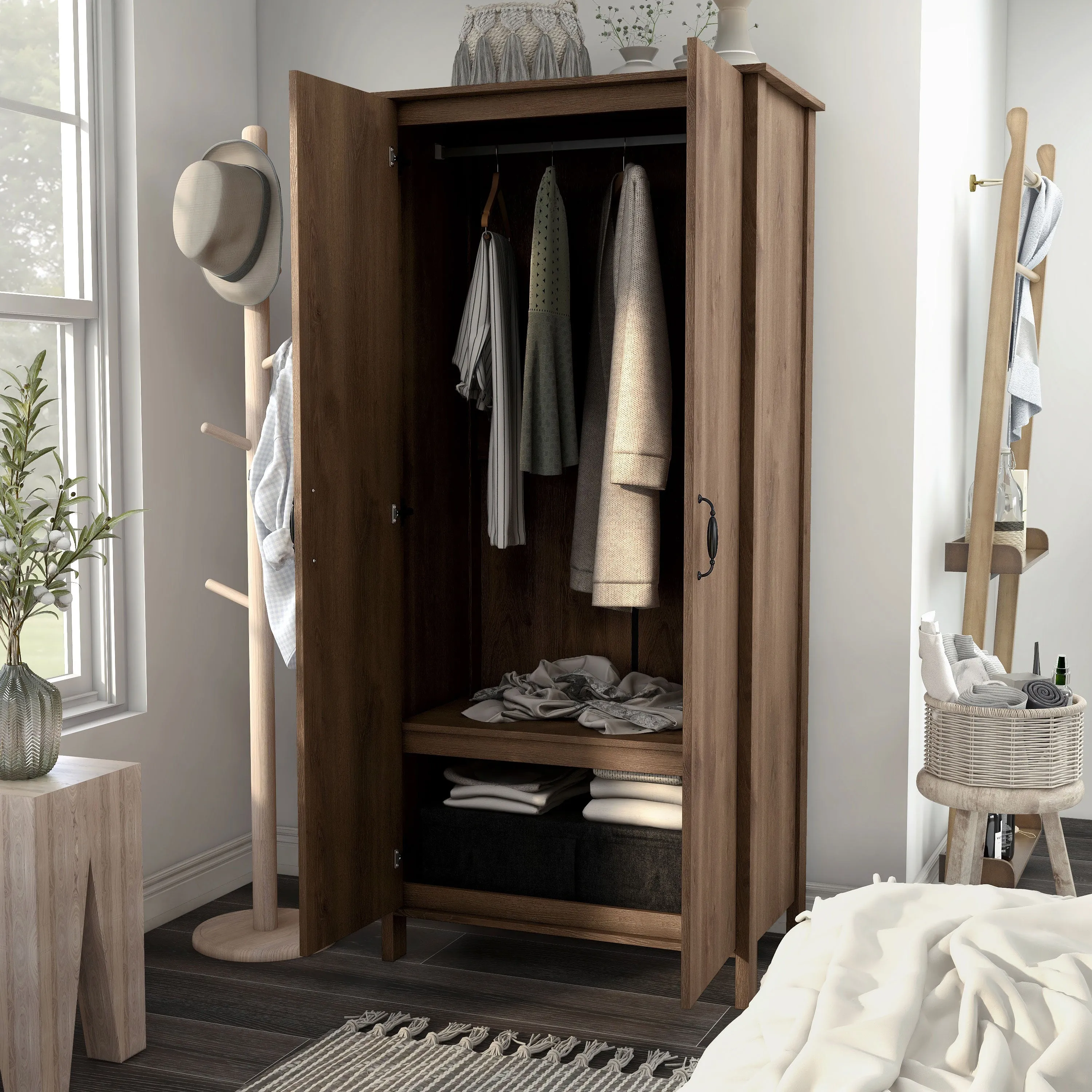 Mennala Rustic Distressed Walnut 2-door Wardrobe Closet with Shelves