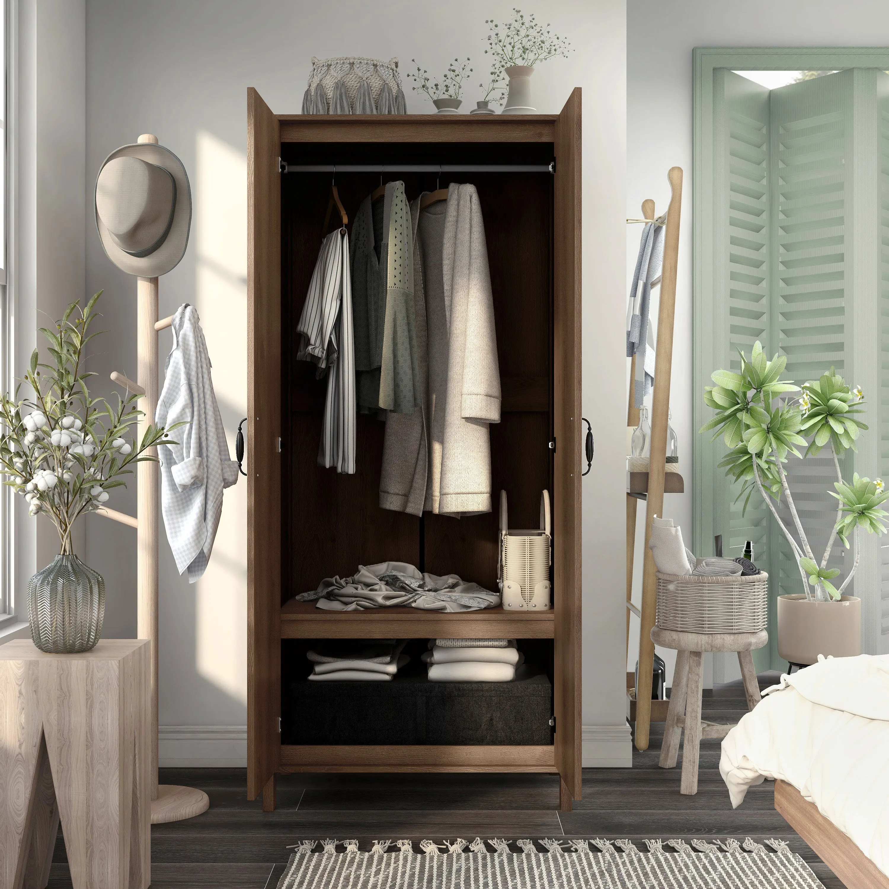 Mennala Rustic Distressed Walnut 2-door Wardrobe Closet with Shelves