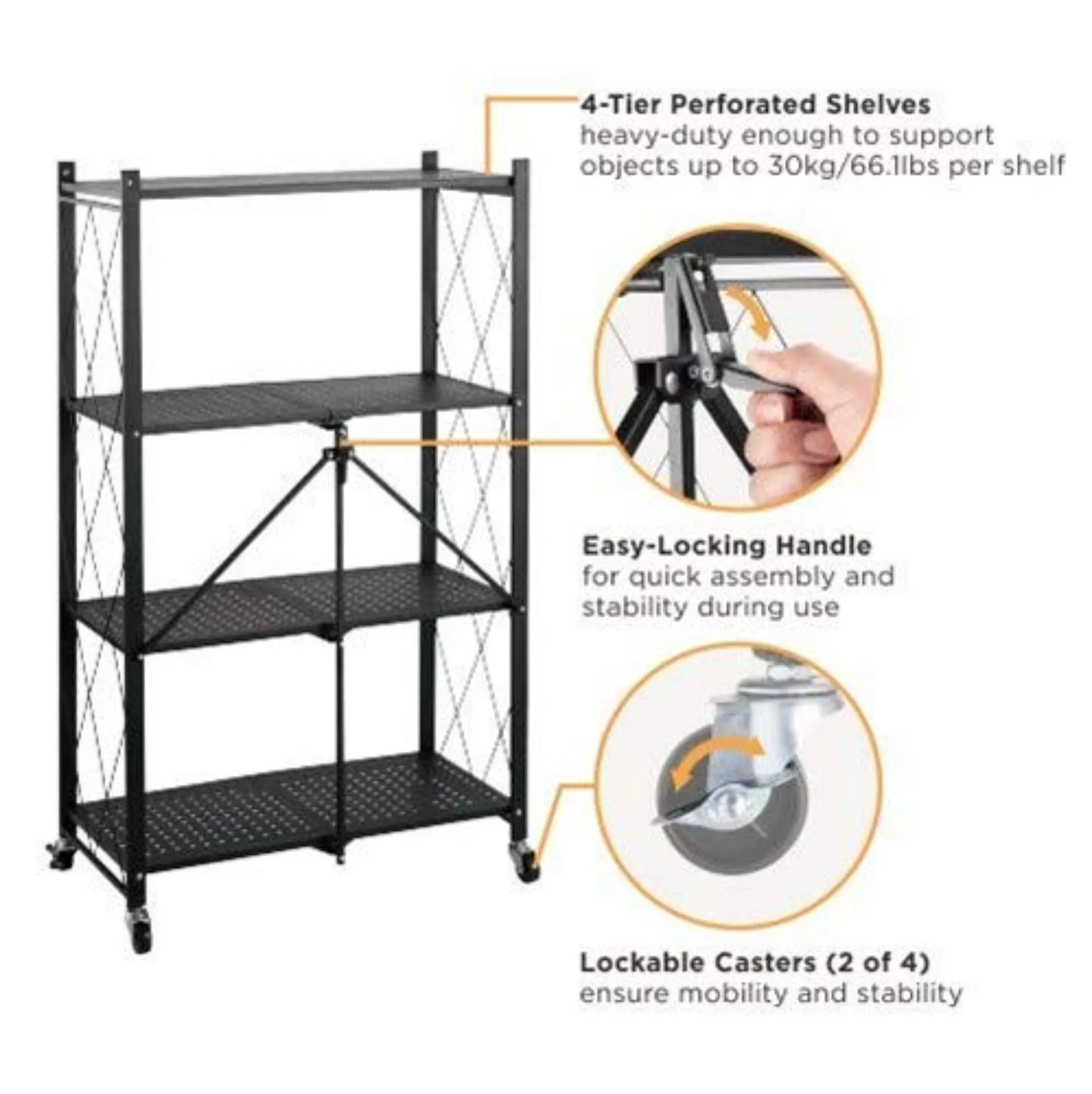 Metal Adjustable and Foldable Storage Rack Unit with Wheel 4 Layer Foldable (Black)