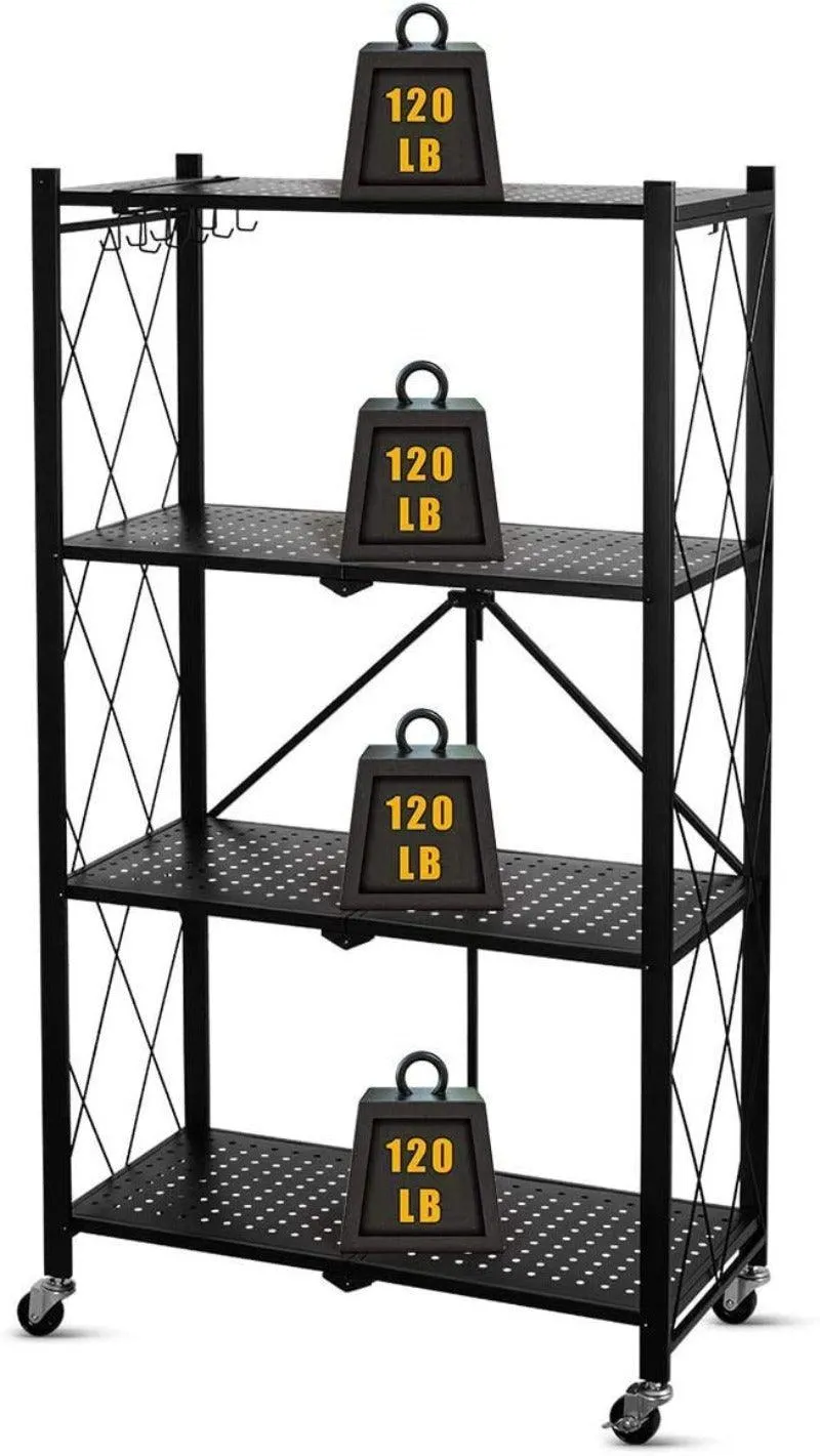 Metal Adjustable and Foldable Storage Rack Unit with Wheel 4 Layer Foldable (Black)