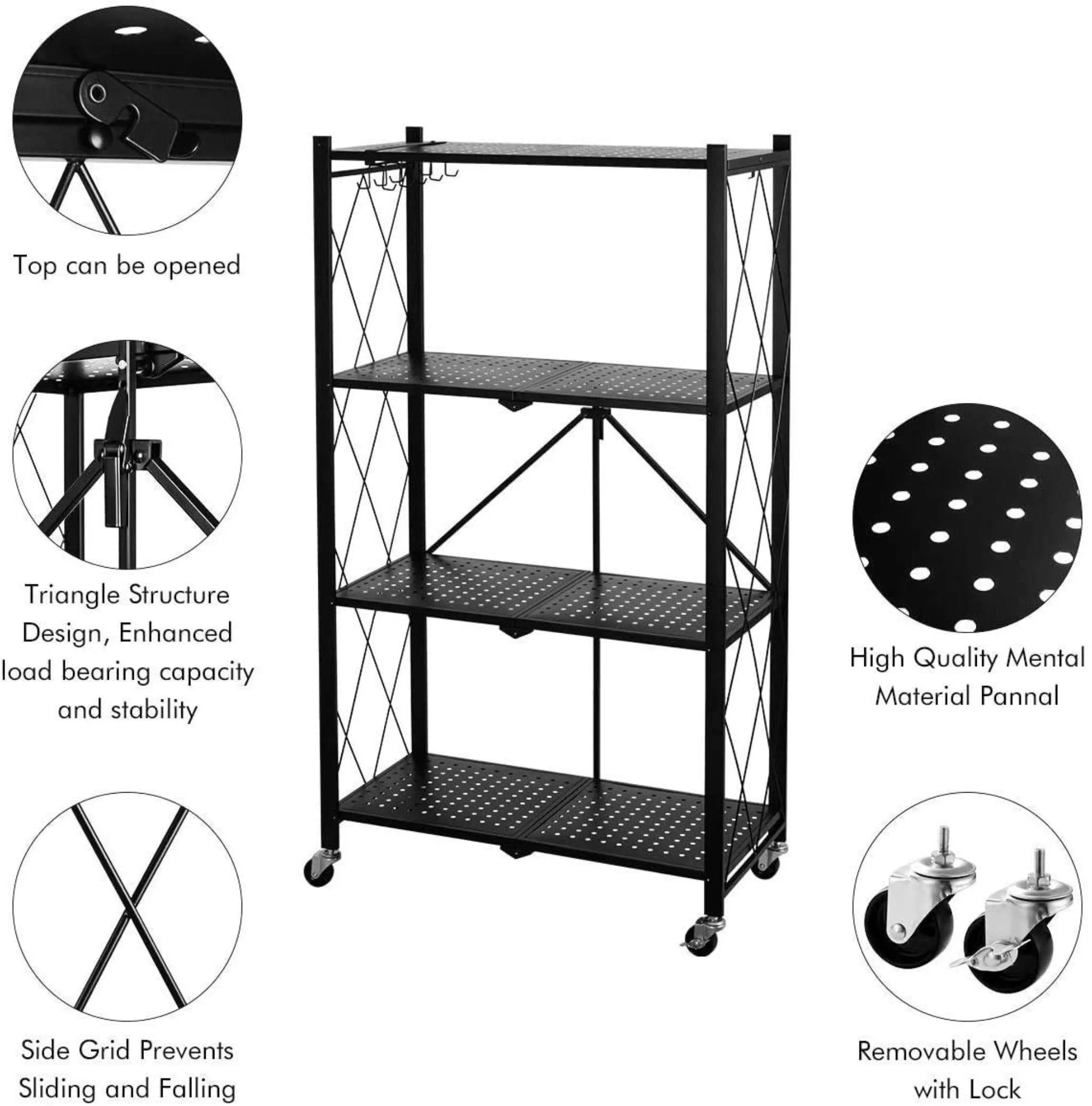 Metal Adjustable and Foldable Storage Rack Unit with Wheel 4 Layer Foldable (Black)