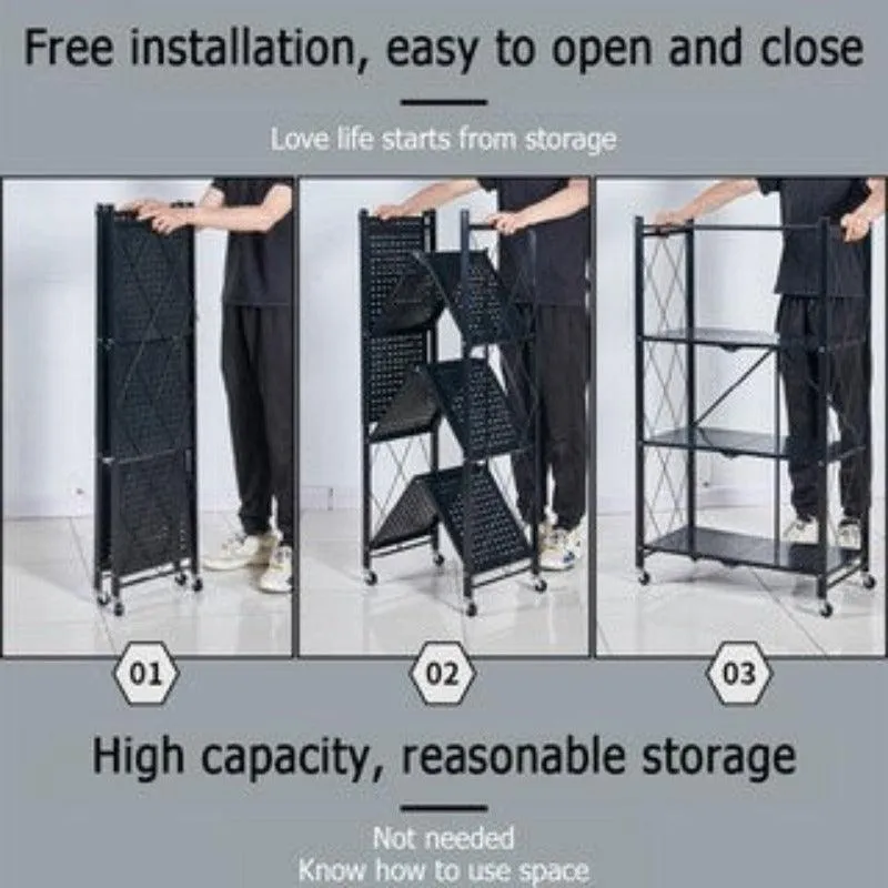 Metal Adjustable and Foldable Storage Rack Unit with Wheel 4 Layer Foldable (Black)