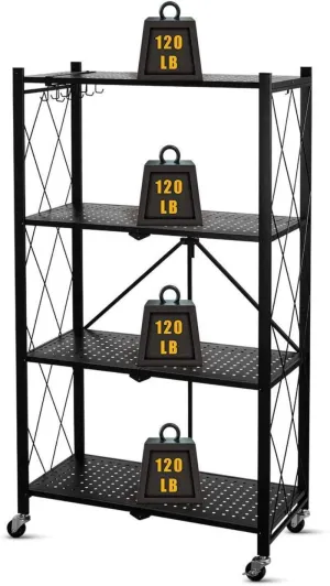 Metal Adjustable and Foldable Storage Rack Unit with Wheel 4 Layer Foldable (Black)