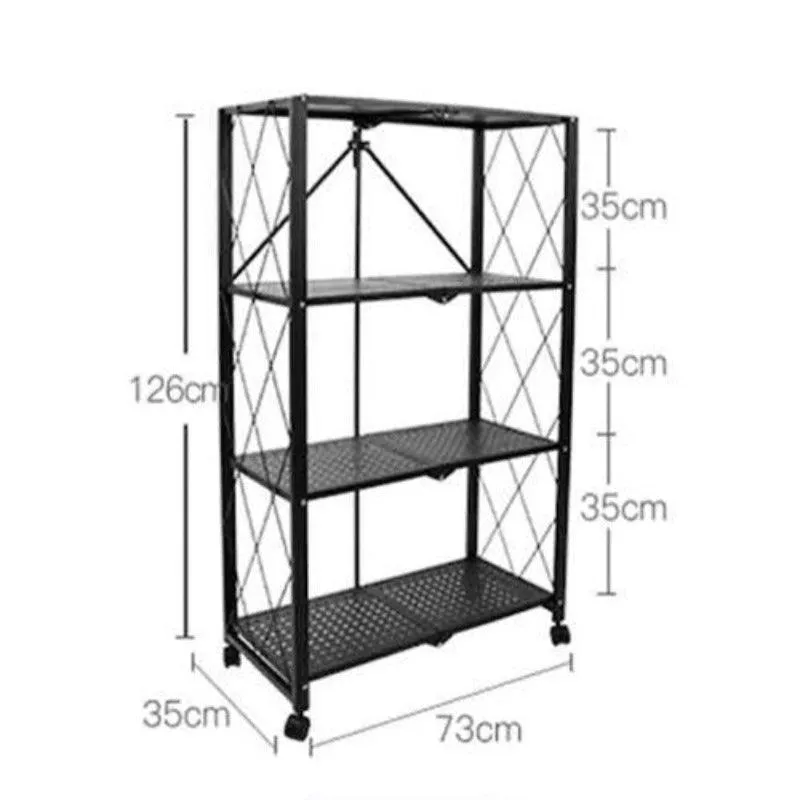 Metal Adjustable and Foldable Storage Rack Unit with Wheel 4 Layer Foldable (Black)