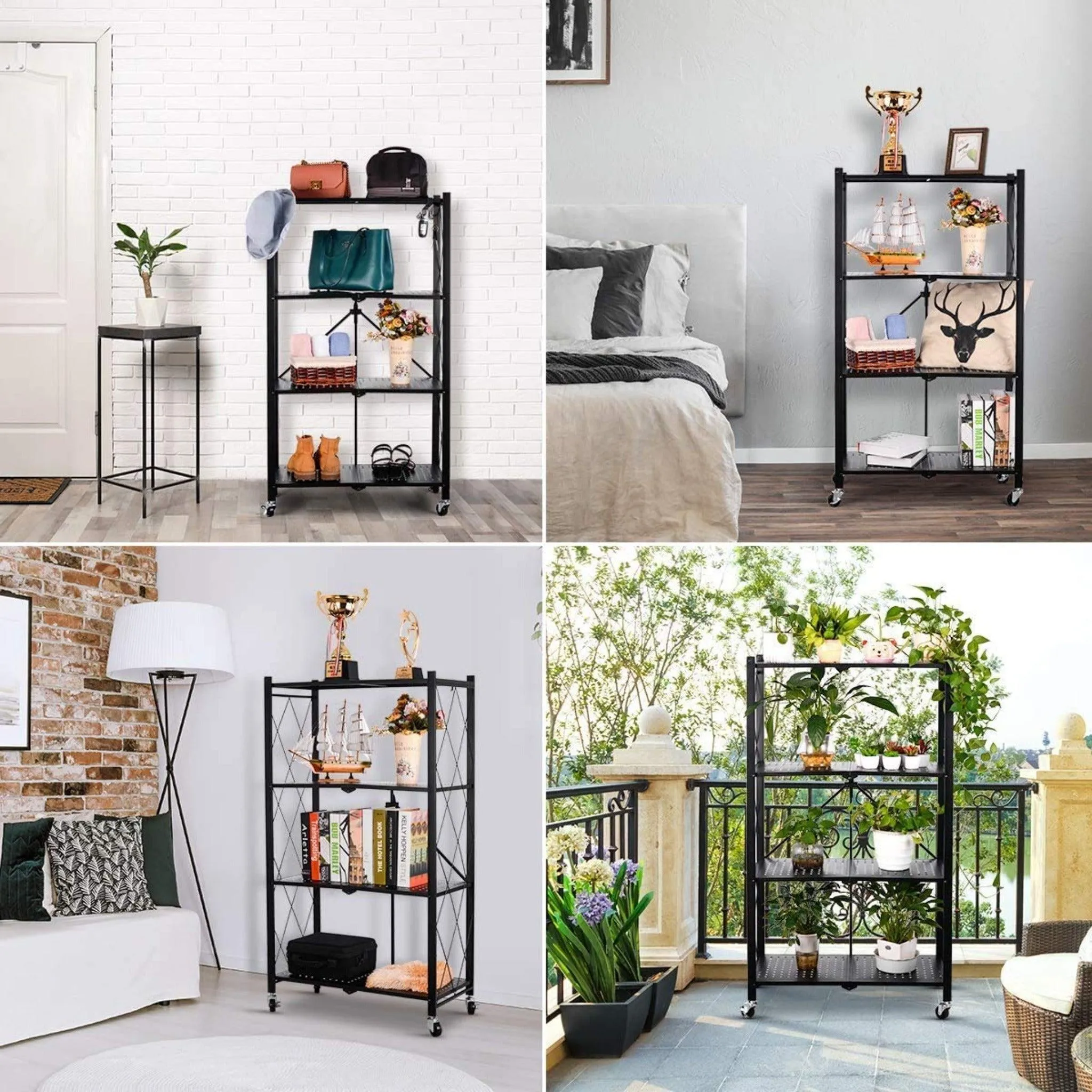 Metal Adjustable and Foldable Storage Rack Unit with Wheel 4 Layer Foldable (Black)