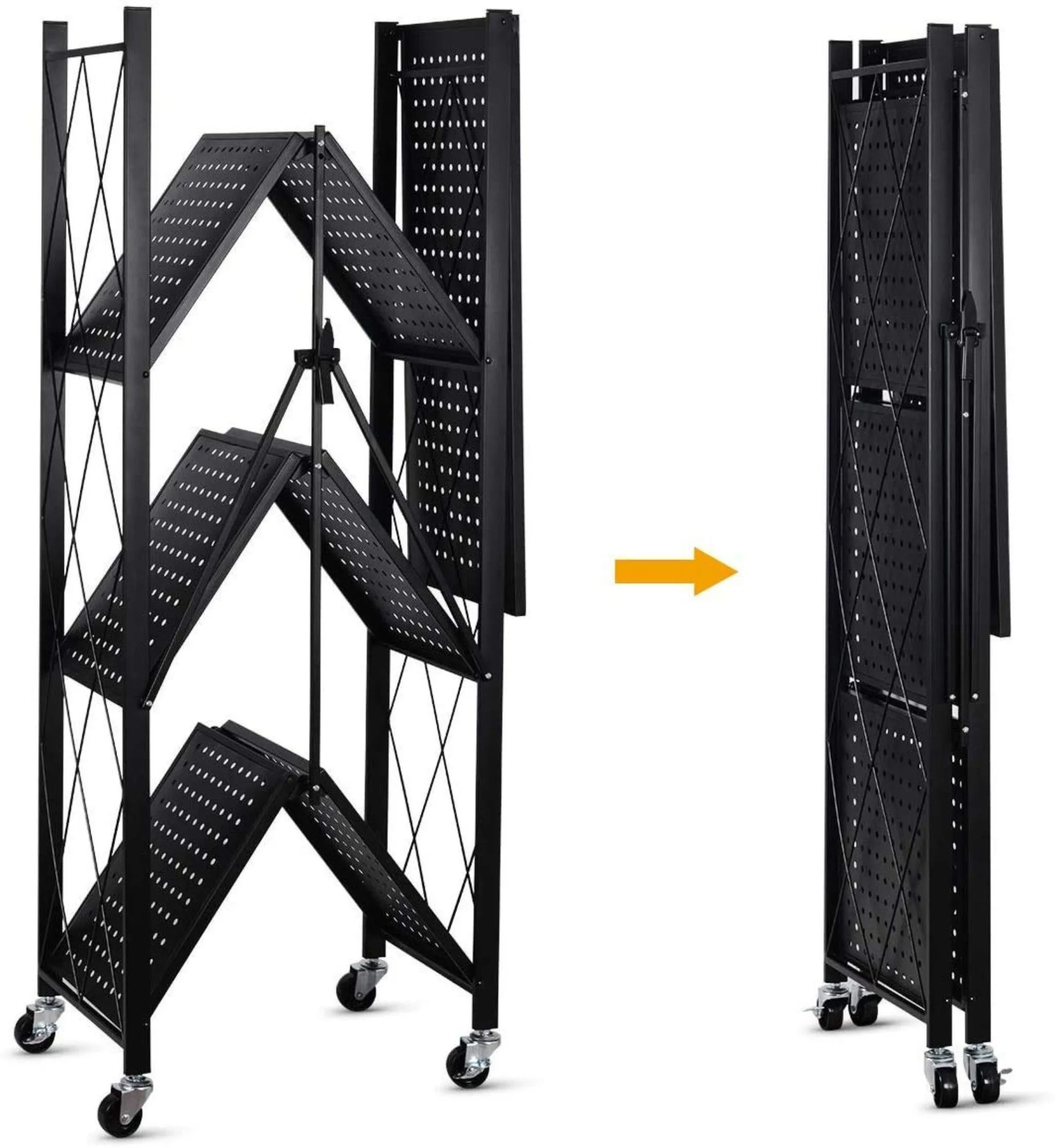 Metal Adjustable and Foldable Storage Rack Unit with Wheel 4 Layer Foldable (Black)