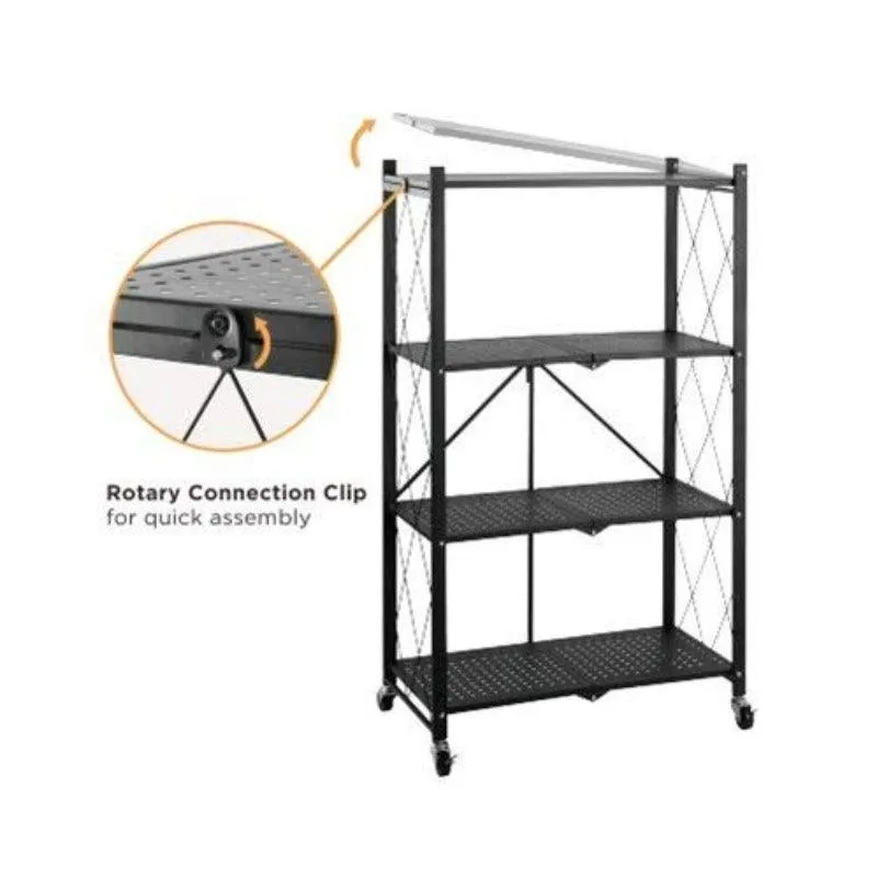 Metal Adjustable and Foldable Storage Rack Unit with Wheel 4 Layer Foldable (Black)