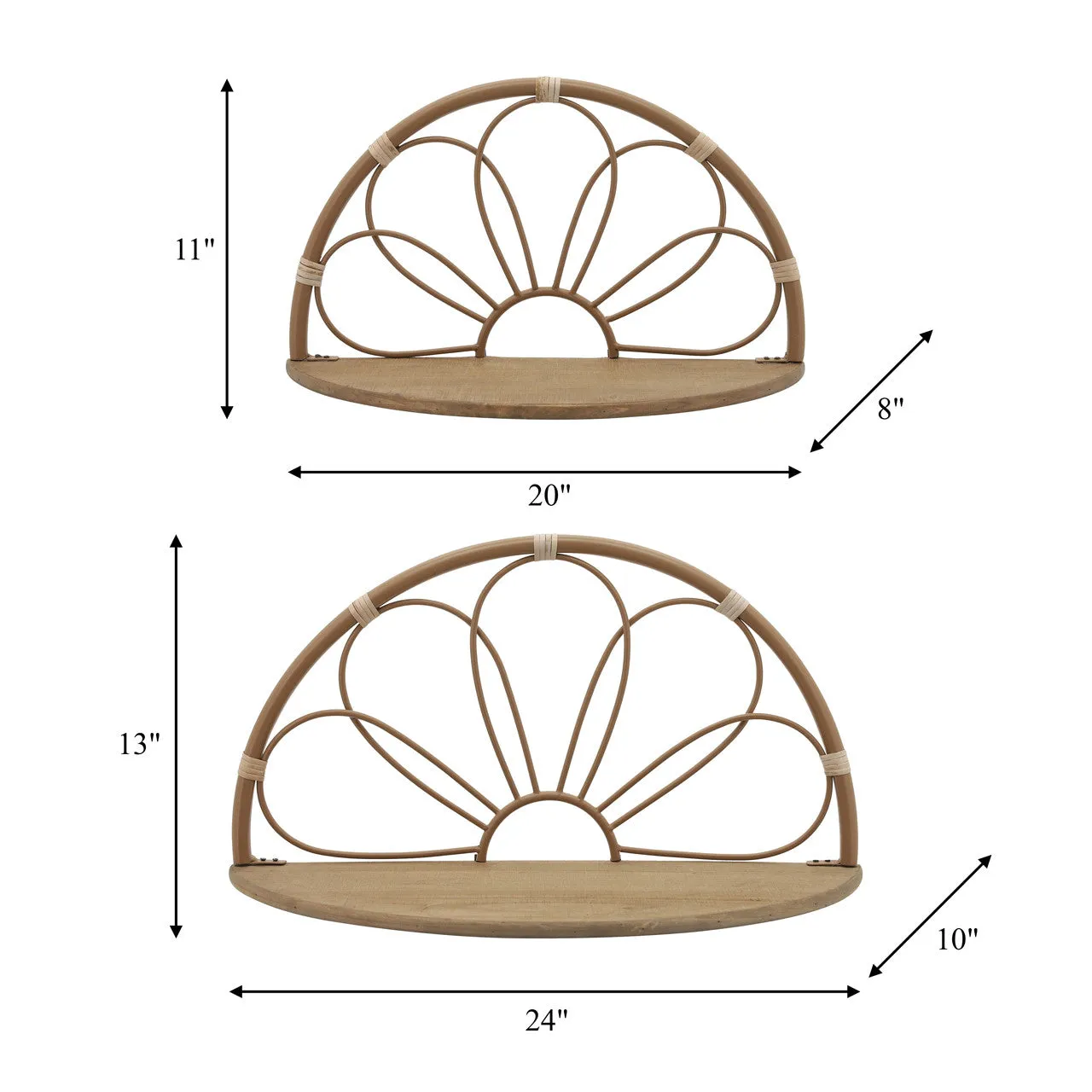 Metal, S/2 11/13" Arched Flower Wall Shelves,brown