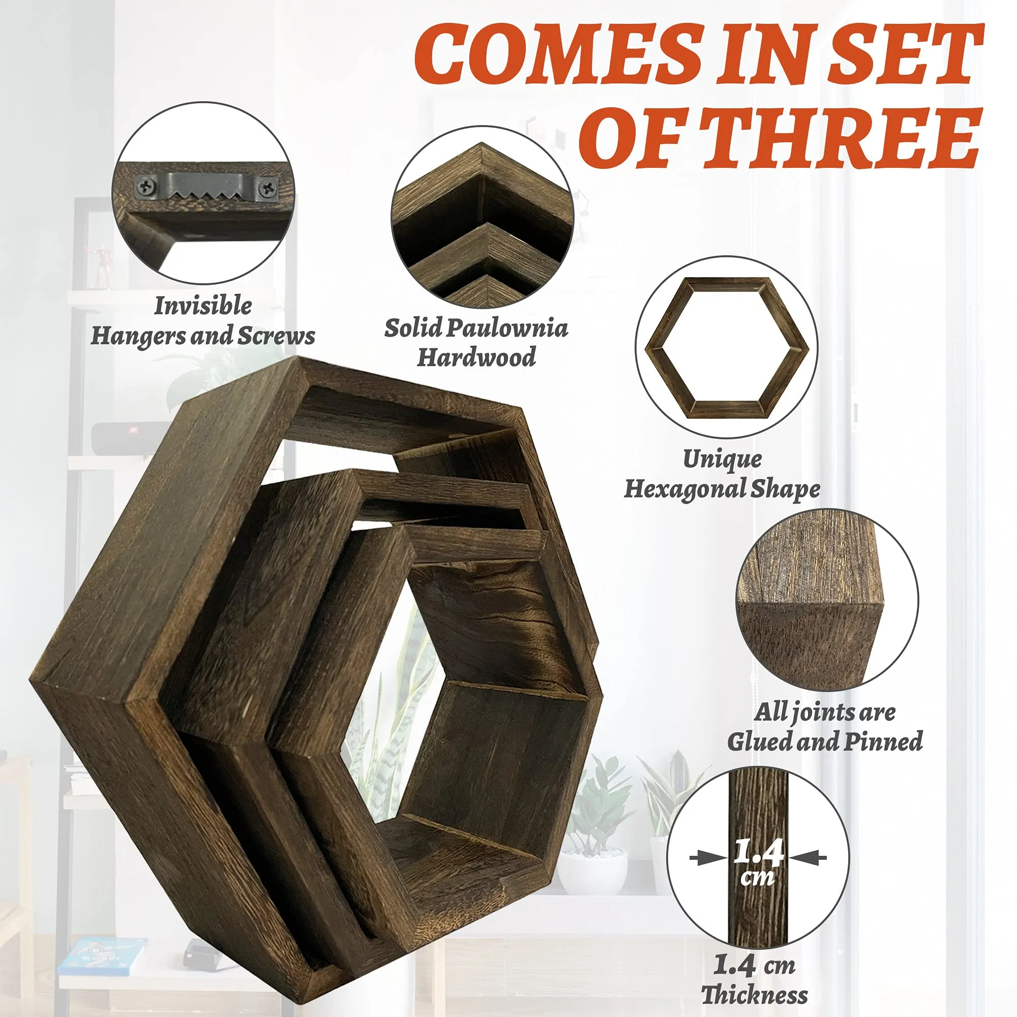 MRGL Hexagon Floating Shelves Set of 3, Honeycomb Shelves, Wall Mounted Geometric Hexagon Shelves, Natural Wood, Includes All Hanging Hardware, Rustic Brown