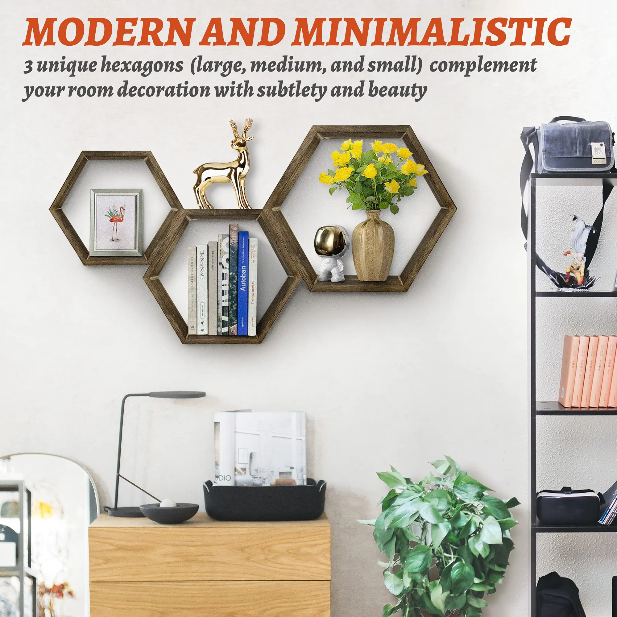 MRGL Hexagon Floating Shelves Set of 3, Honeycomb Shelves, Wall Mounted Geometric Hexagon Shelves, Natural Wood, Includes All Hanging Hardware, Rustic Brown
