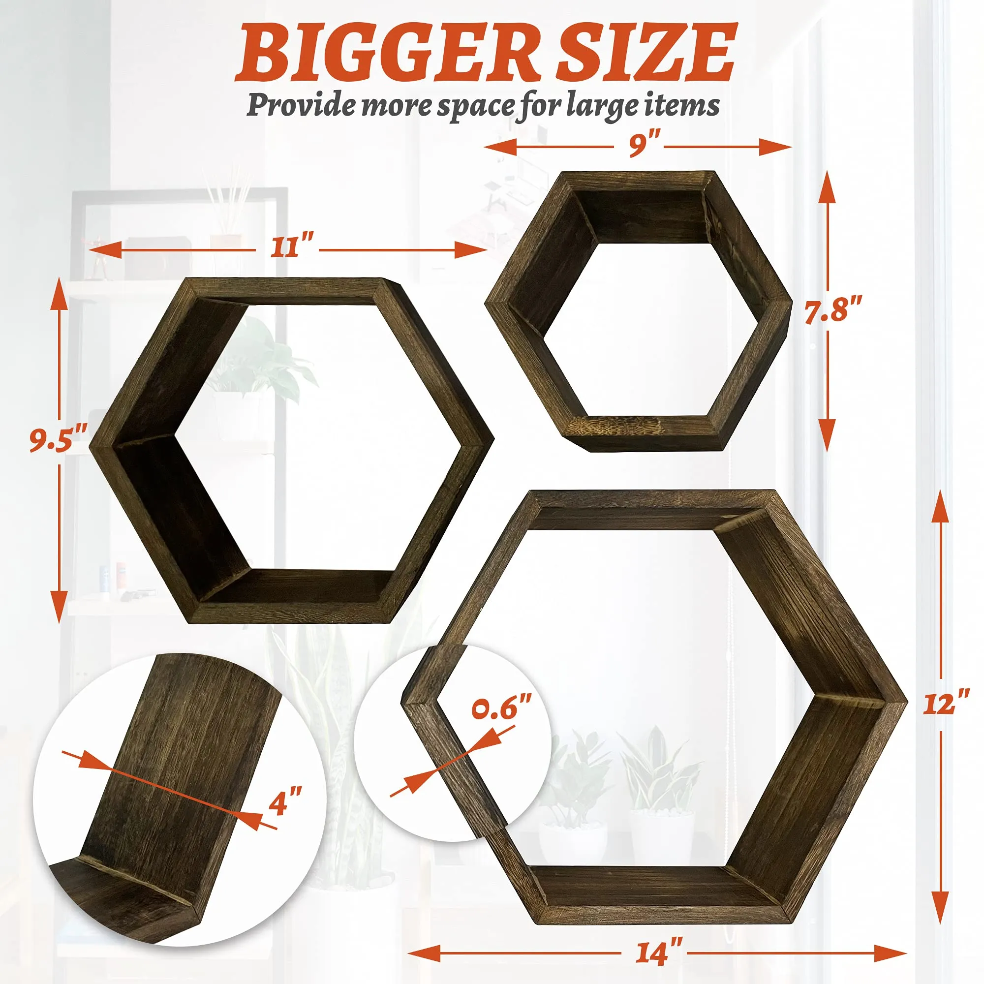 MRGL Hexagon Floating Shelves Set of 3, Honeycomb Shelves, Wall Mounted Geometric Hexagon Shelves, Natural Wood, Includes All Hanging Hardware, Rustic Brown