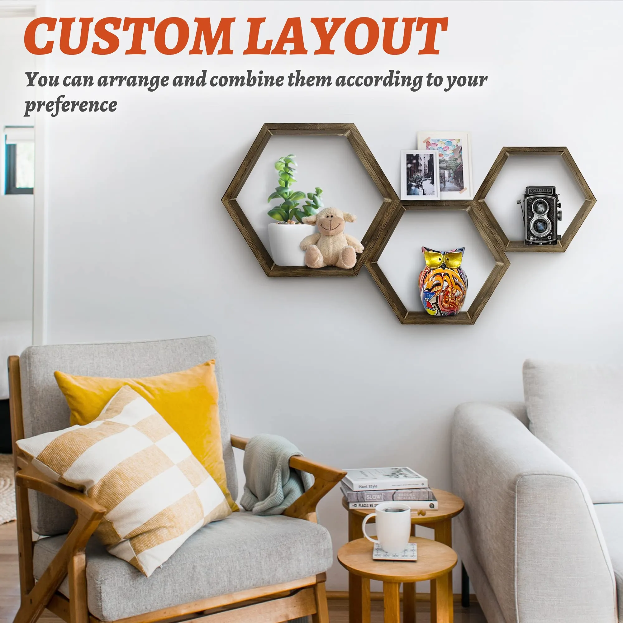 MRGL Hexagon Floating Shelves Set of 3, Honeycomb Shelves, Wall Mounted Geometric Hexagon Shelves, Natural Wood, Includes All Hanging Hardware, Rustic Brown