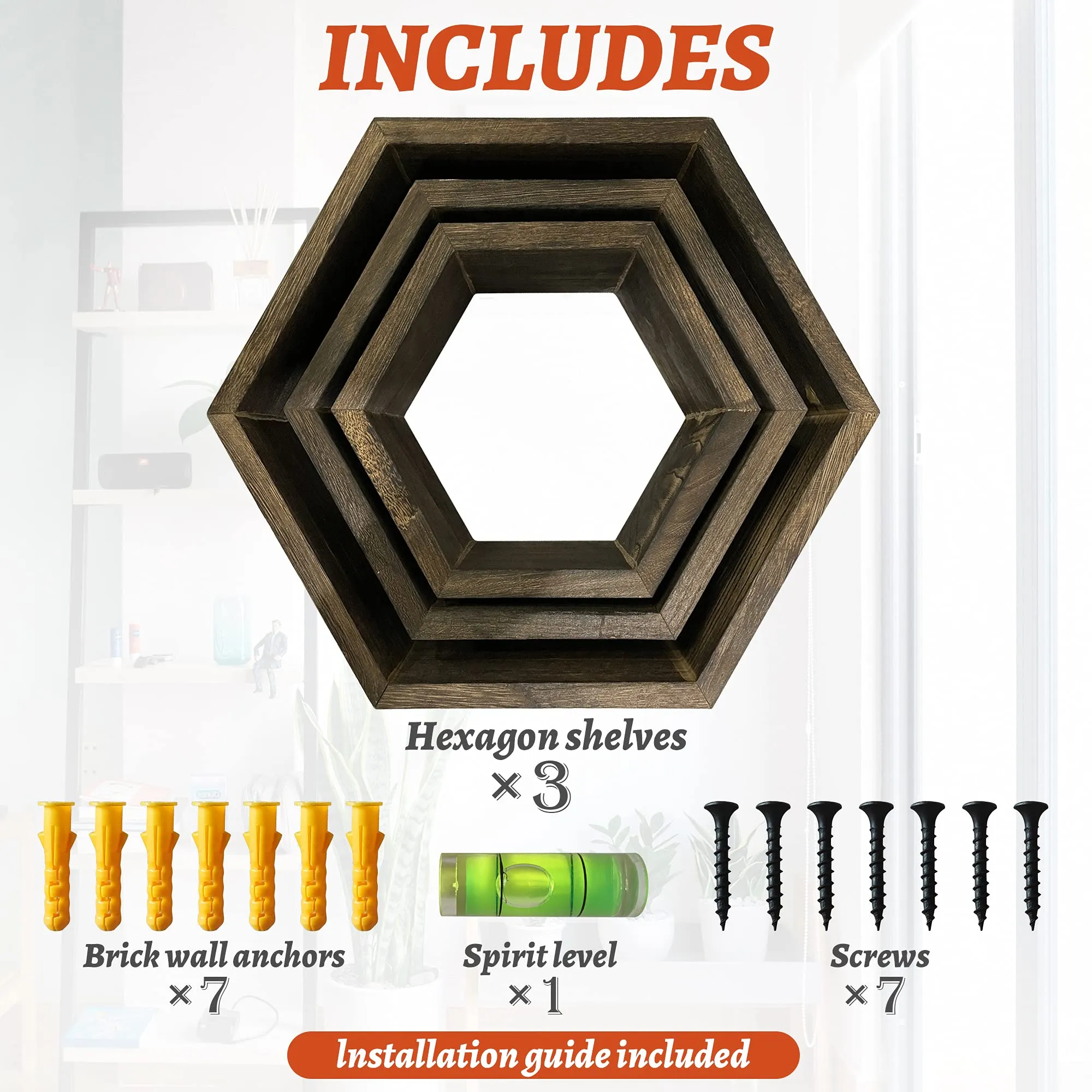 MRGL Hexagon Floating Shelves Set of 3, Honeycomb Shelves, Wall Mounted Geometric Hexagon Shelves, Natural Wood, Includes All Hanging Hardware, Rustic Brown