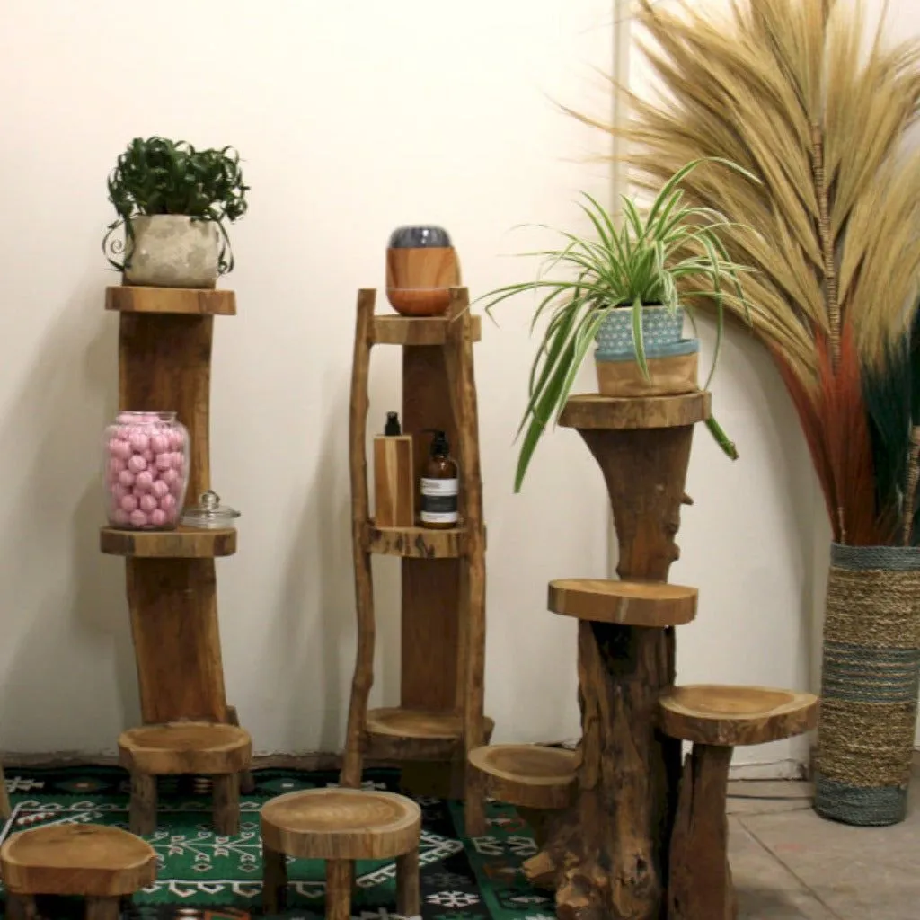 Natural Wooden Display Unit Shelves - Teak Wood - 4 Shelf Display 75cm