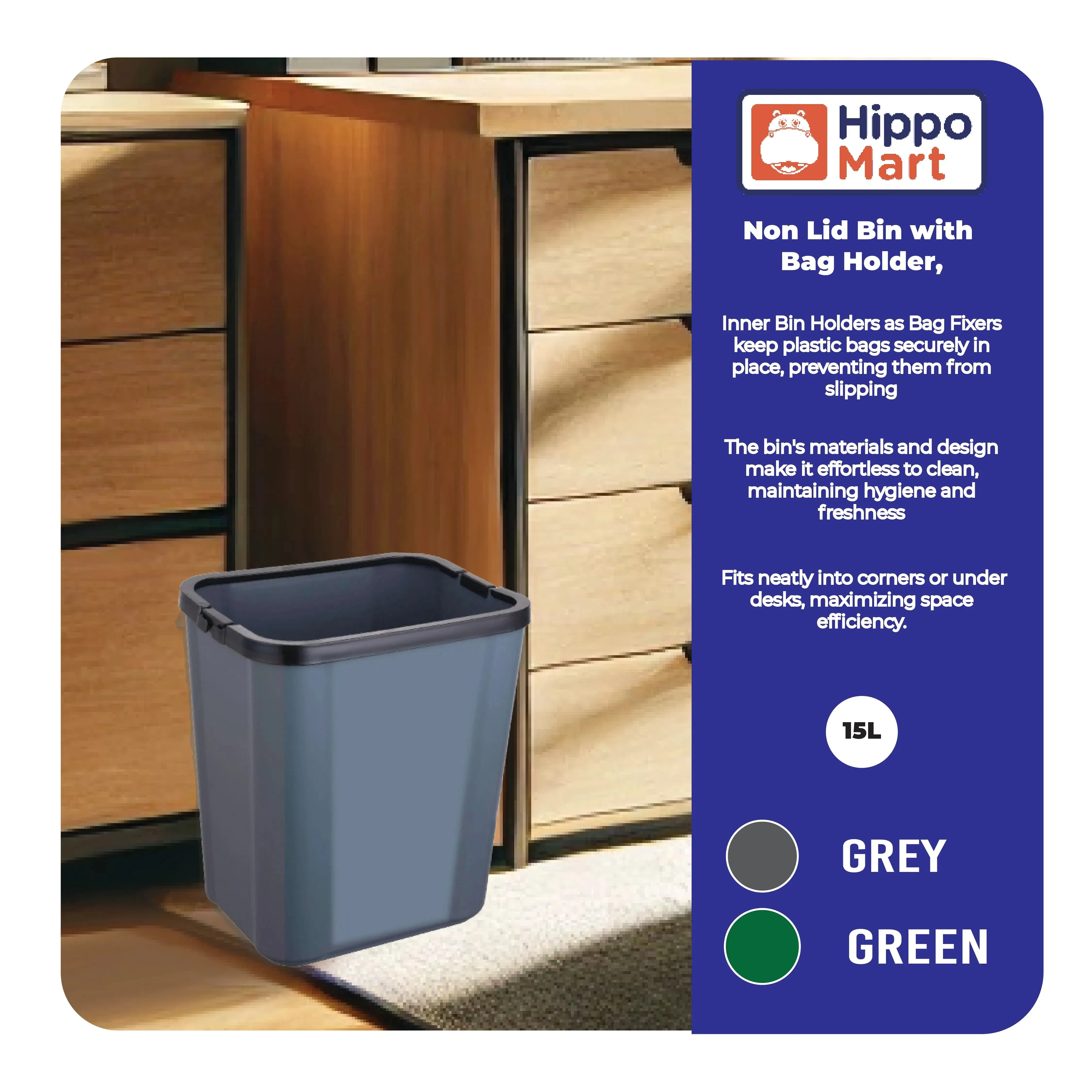 Non Lid Dustbin | Bag Holder | 15L | Green, Grey, | Trash Bin | Kitchen Bin