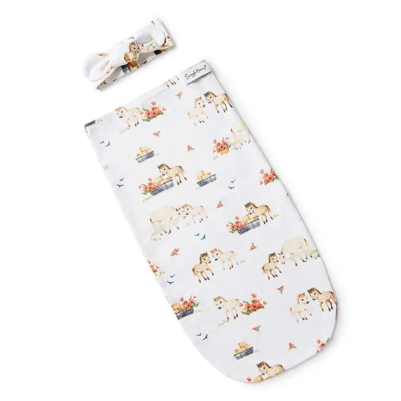Organic Snuggle Swaddle & Topknot Set, Pony Pals