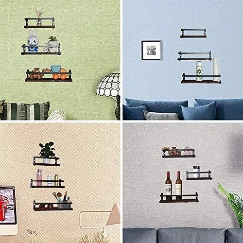 PHUNAYA Floating Shelves Rustic Wood Wall Mounted Shelf Practical Metal Fence Design – Ideal for Bedroom, Bathroom, Kitchen Set of 3