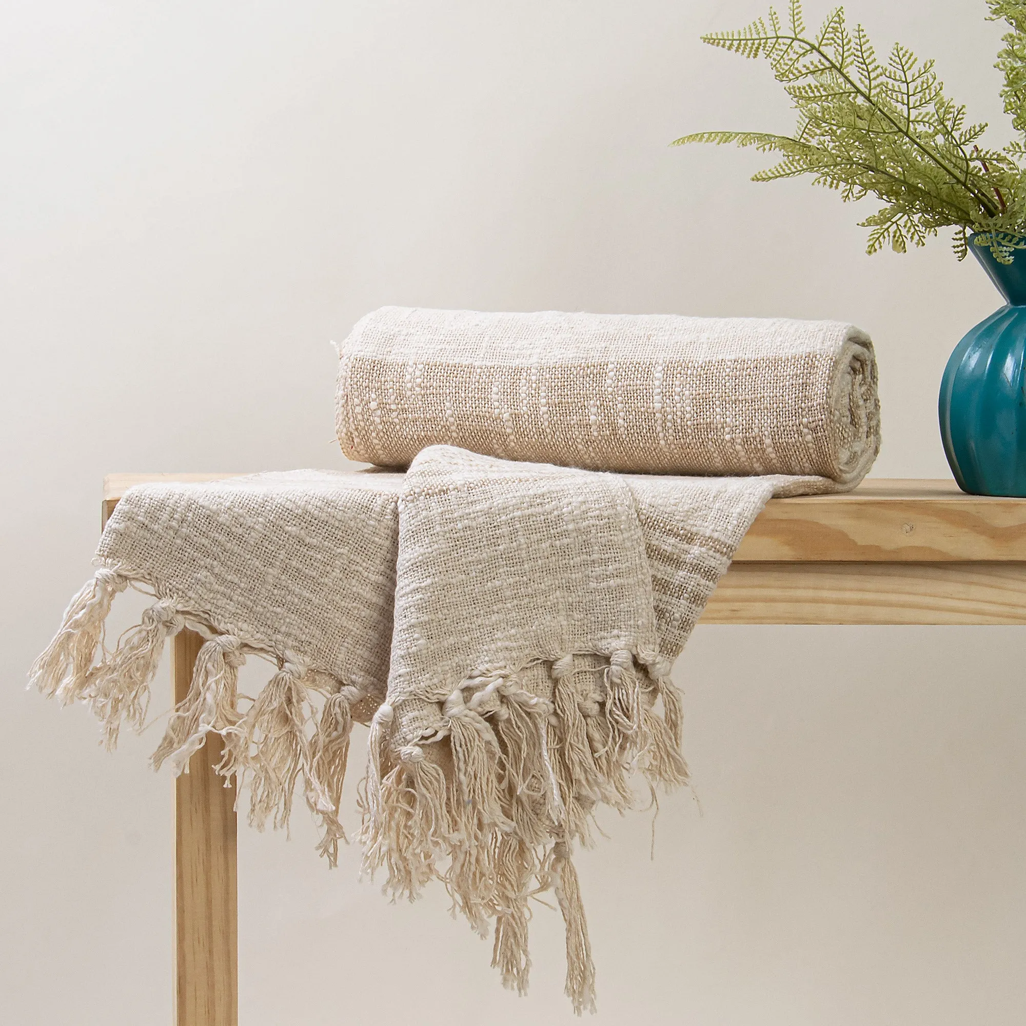 Premium Cream Woven Cotton Throws For Sofas For Couch Decor