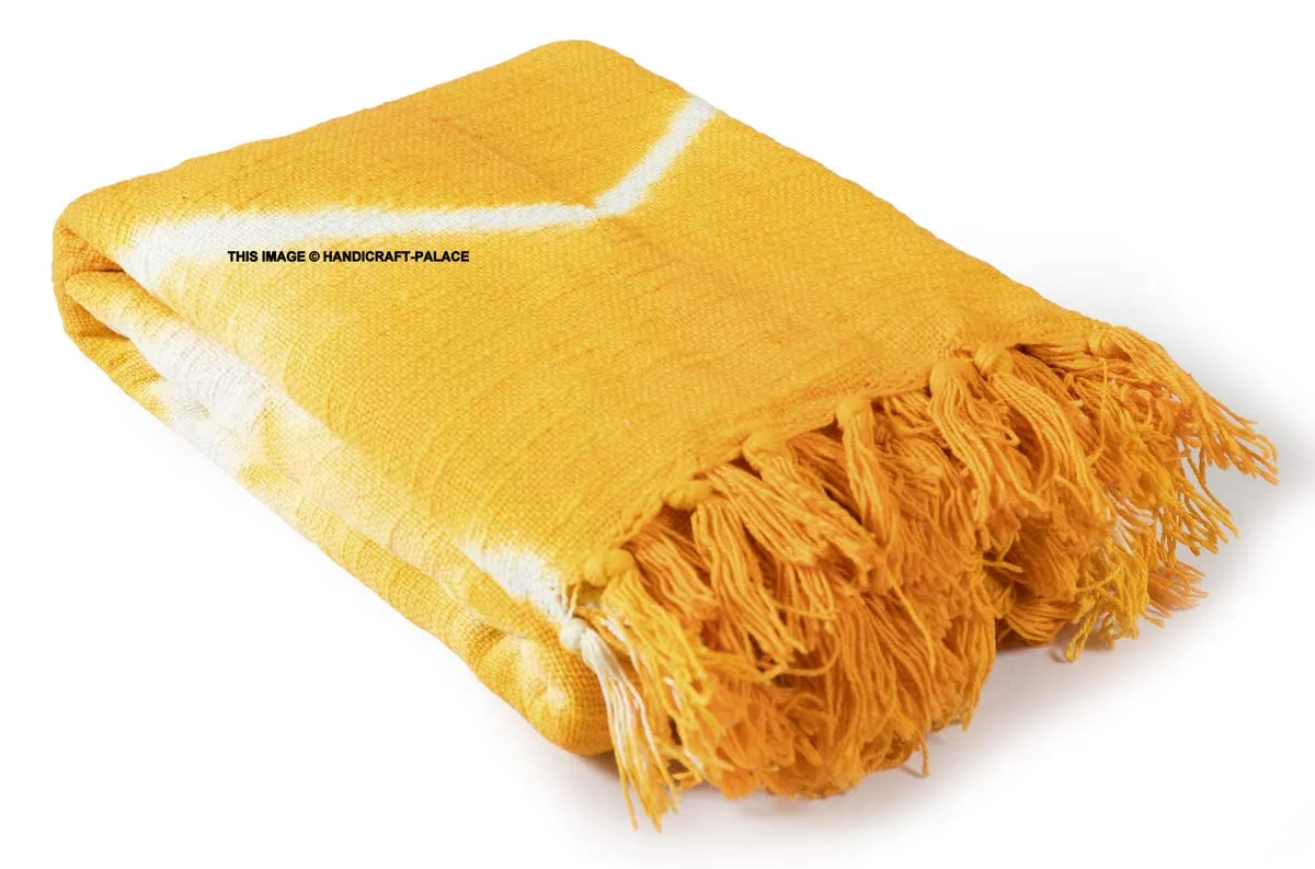 Ravaiyaa - Attitude is everything Tie Dye Mandala Throw Blanket Hand Woven Tassels Bed & Sofa Cover Blanket Handloom Cotton Throw (Yellow)