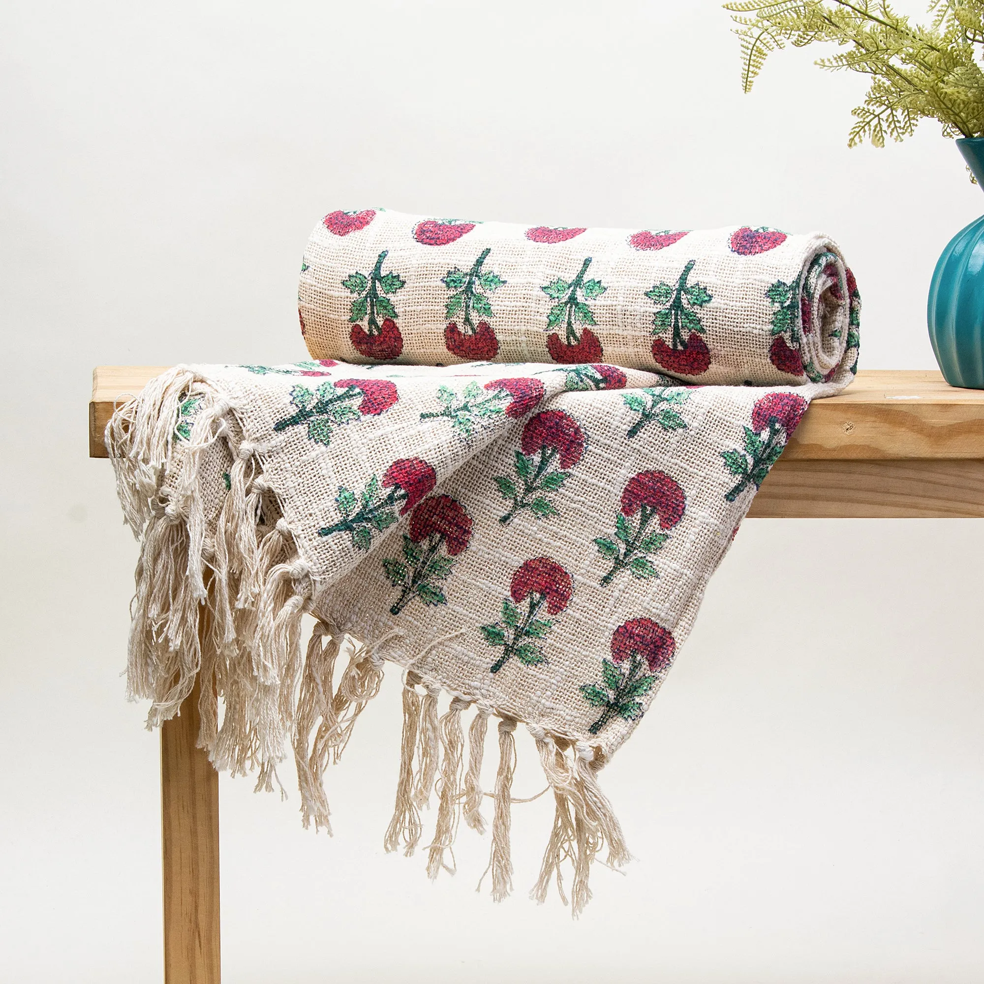 Red Rose Floral Print Pure Cotton Hand Block Throw Blankets For Home Decor