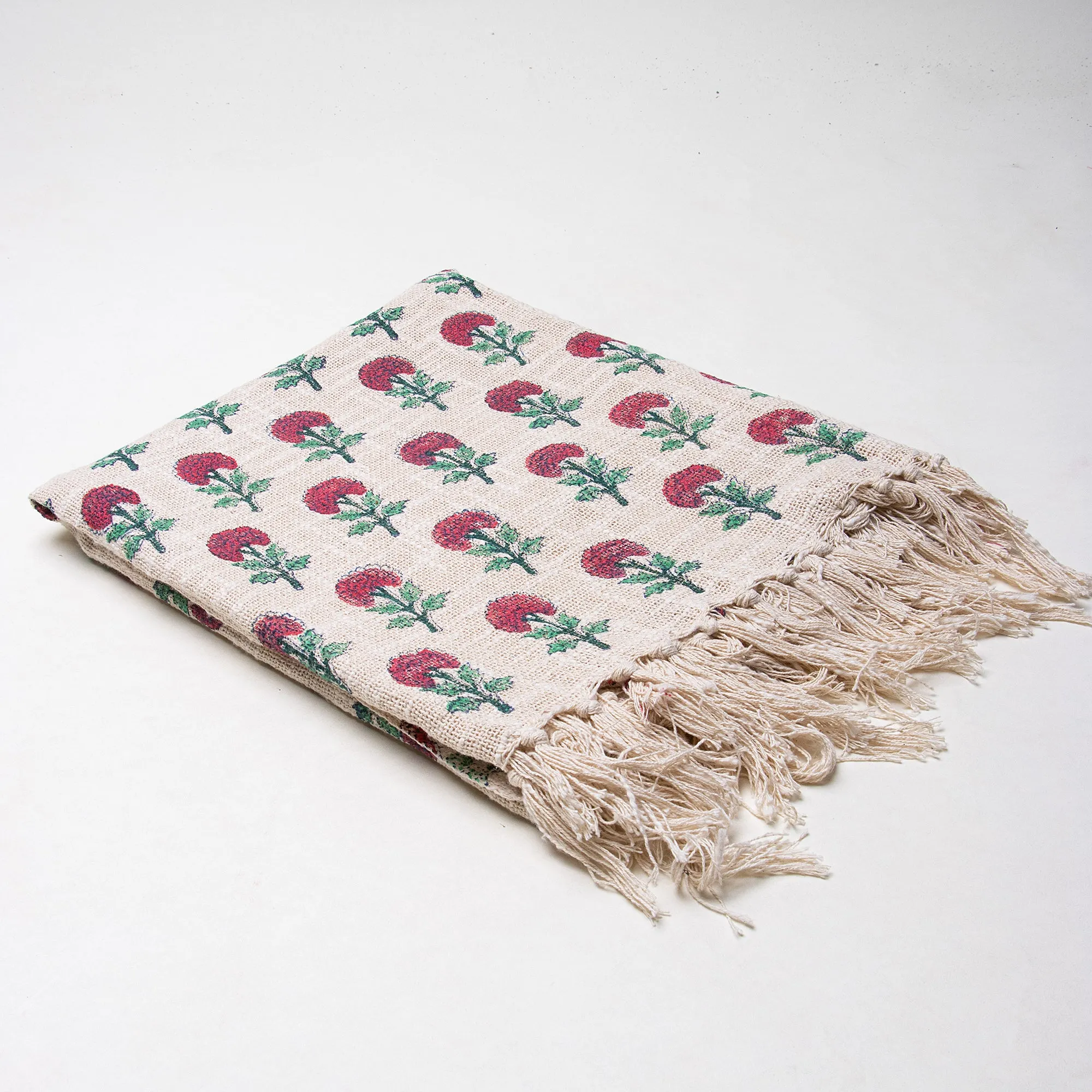 Red Rose Floral Print Pure Cotton Hand Block Throw Blankets For Home Decor