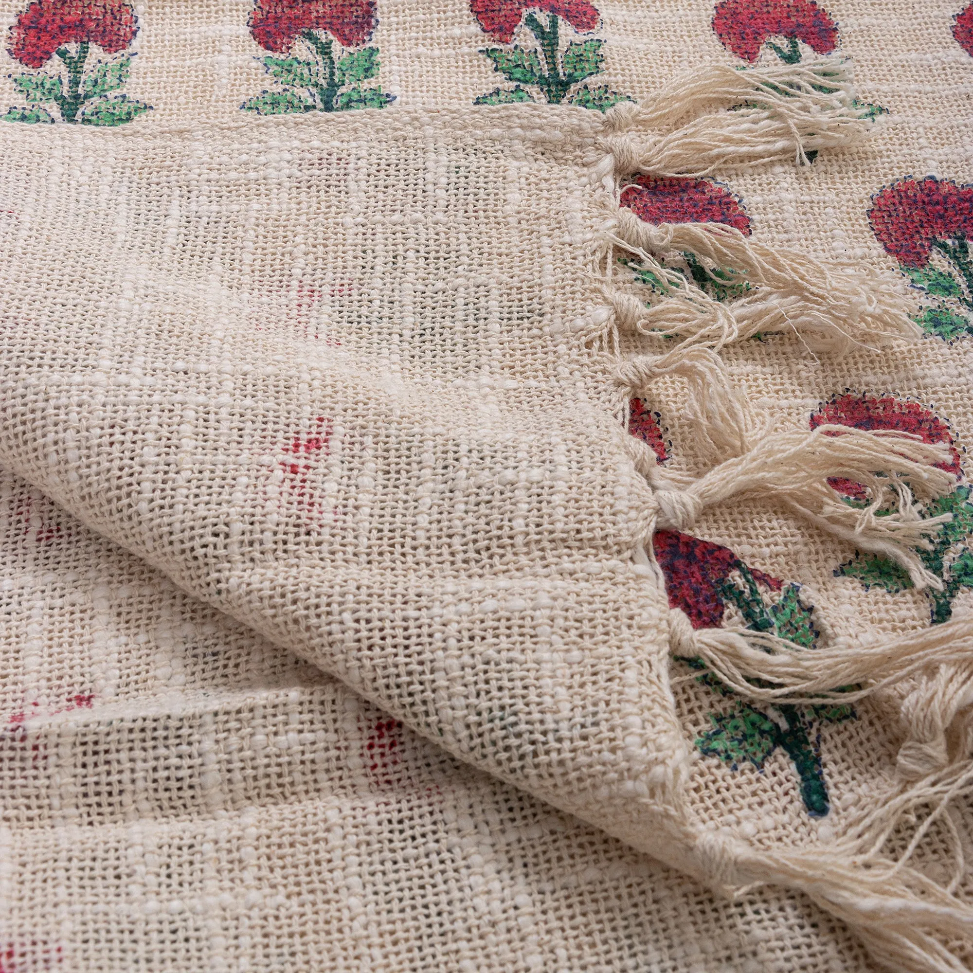 Red Rose Floral Print Pure Cotton Hand Block Throw Blankets For Home Decor