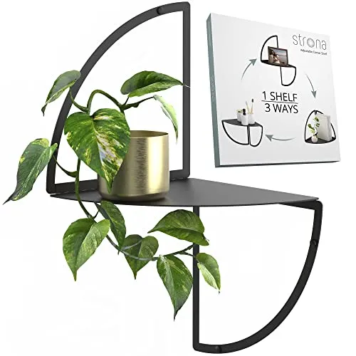 STRONA Modern Black Corner Shelf Wall Mounted Metal Shelving Bedroom or Office