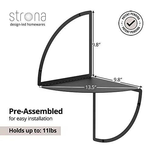 STRONA Modern Black Corner Shelf Wall Mounted Metal Shelving Bedroom or Office