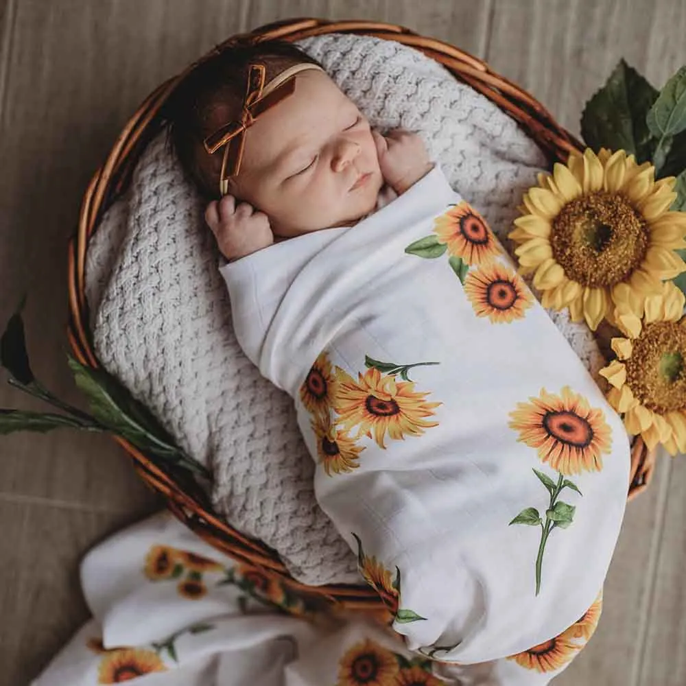 Sunflower Muslin Wrap Birth Announcement Set