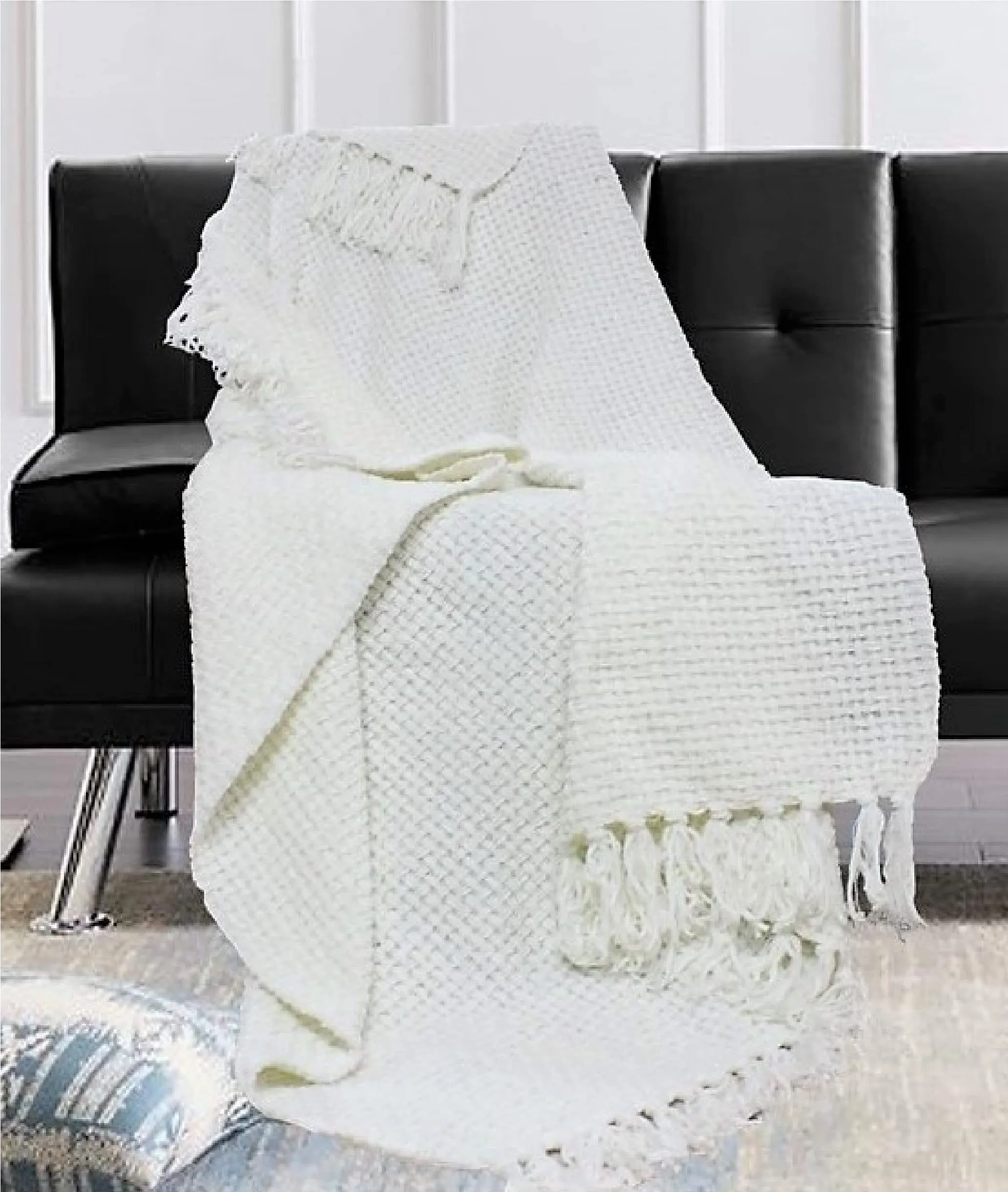 The Furnishers Reversible Premium Acrylic Basket Throw Blanket 50X60 Inch | Woven Throw For Living Room, Bedroom, Sofa, Couch, Bed & Chair - Pearl White, Size 150X125 Cm, 350 tc