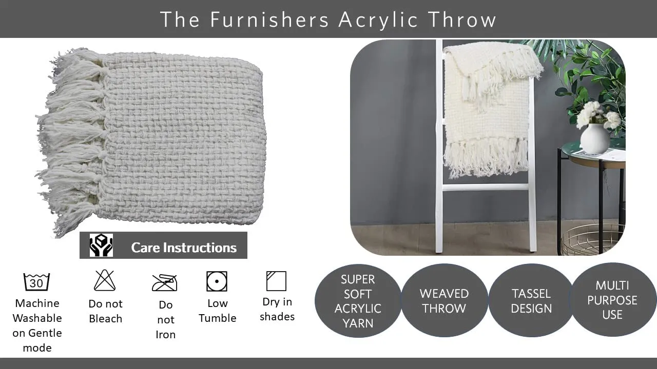 The Furnishers Reversible Premium Acrylic Basket Throw Blanket 50X60 Inch | Woven Throw For Living Room, Bedroom, Sofa, Couch, Bed & Chair - Pearl White, Size 150X125 Cm, 350 tc