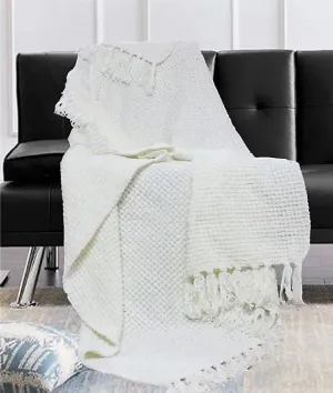 The Furnishers Reversible Premium Acrylic Basket Throw Blanket 50X60 Inch | Woven Throw For Living Room, Bedroom, Sofa, Couch, Bed & Chair - Pearl White, Size 150X125 Cm, 350 tc
