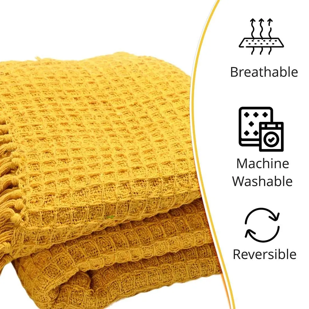 TIB® Cotton Throw Blanket,125x150 cm, Throws for Sofa and Couch 3 Seater 120 TC with Fringes, (Mustard)