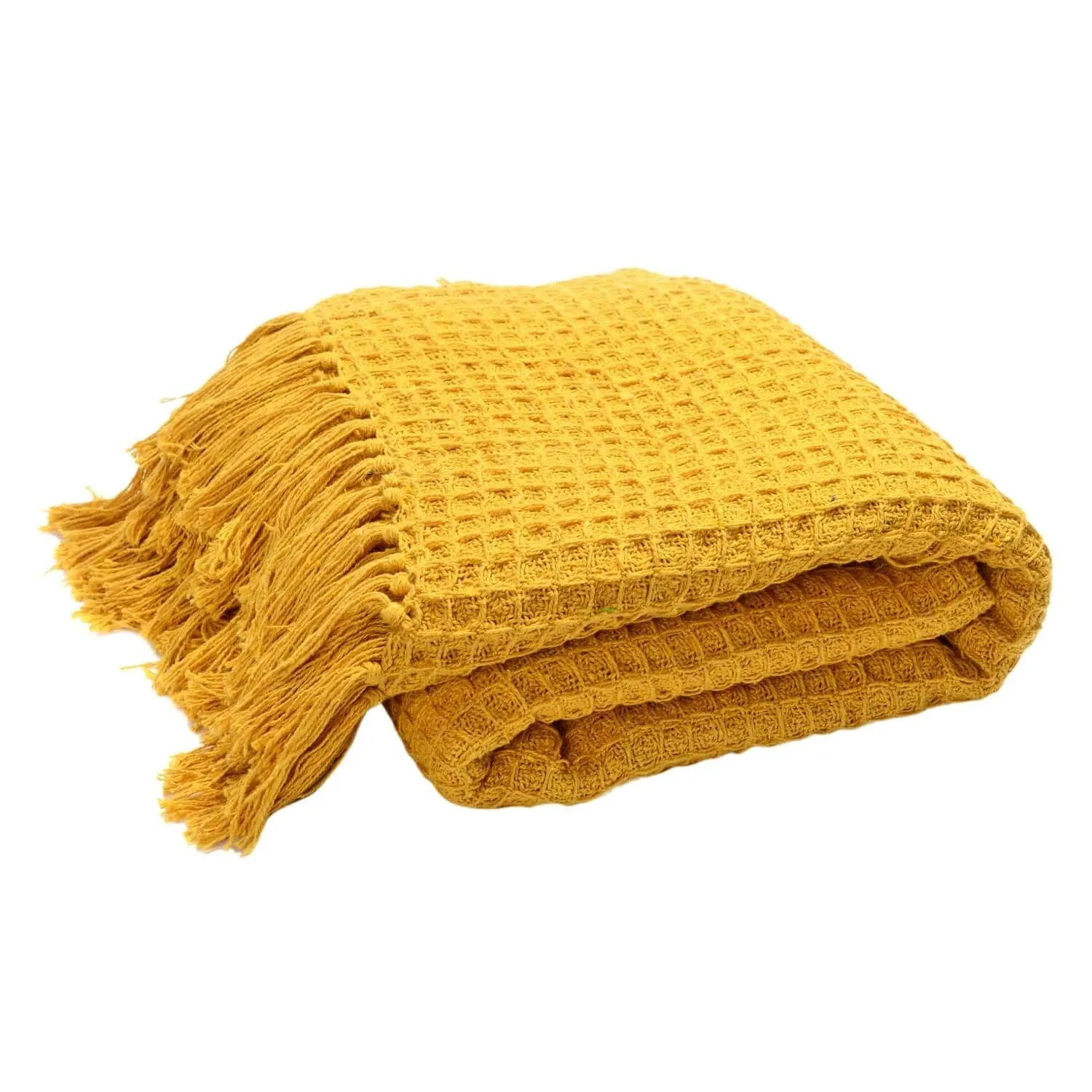 TIB® Cotton Throw Blanket,125x150 cm, Throws for Sofa and Couch 3 Seater 120 TC with Fringes, (Mustard)