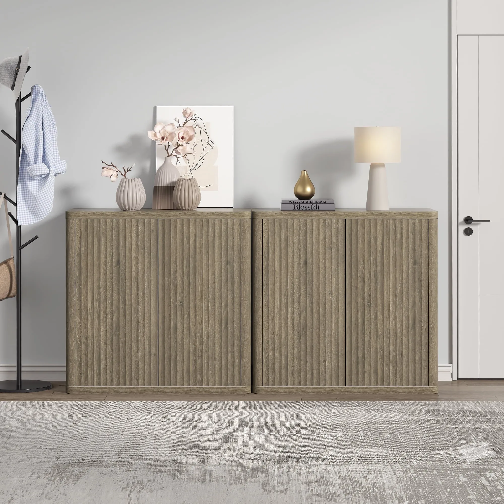 timeless Fluted Sideboard Buffet Cabinet with Storage, Modern Accent Cabinet Consle Table with Doors and Adjustable Shelves Credenzas for Living Room Hallway Kitchen , Grey