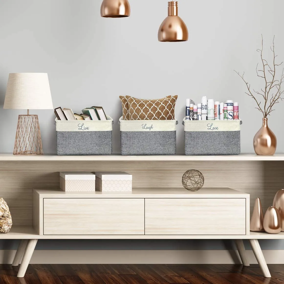 Twill Storage Basket Set - "Live, Love, Laugh" - (Stylish Text)