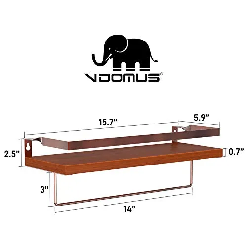 Vdomus Wood Floating Shelves 2 Pack Brown Wall Mounted with Towel Bar