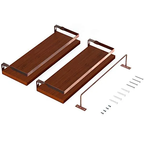 Vdomus Wood Floating Shelves 2 Pack Brown Wall Mounted with Towel Bar
