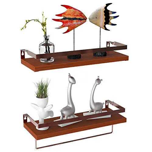 Vdomus Wood Floating Shelves 2 Pack Brown Wall Mounted with Towel Bar