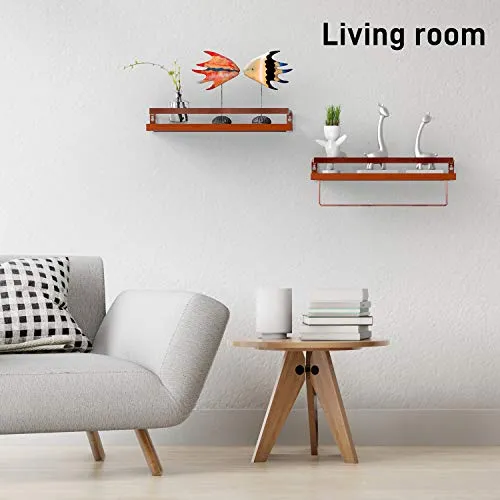 Vdomus Wood Floating Shelves 2 Pack Brown Wall Mounted with Towel Bar