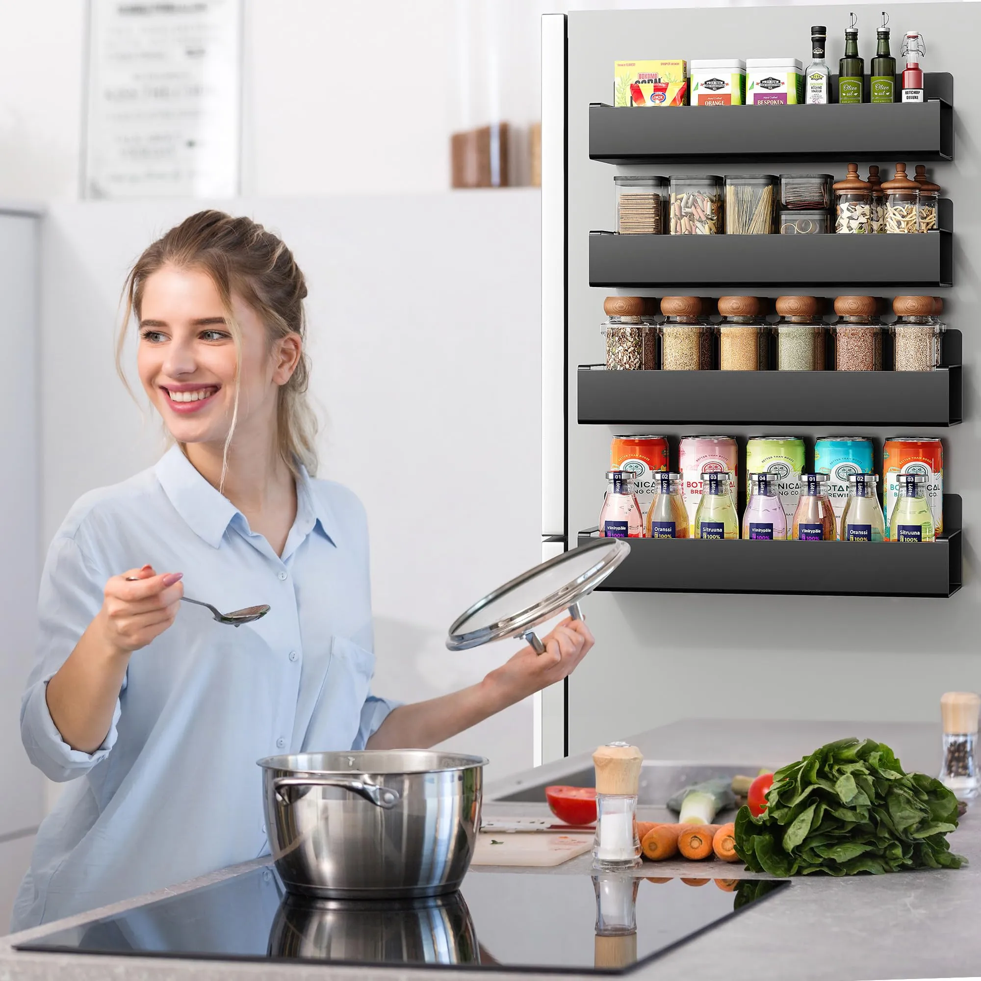Vetacsion 4 Pack Moveable Fridge Magnetic Spice Racks,Metal Black